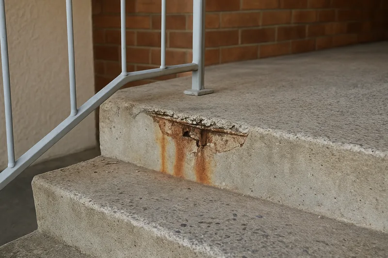 The edge of a stairwell landing in a low-rise apartment building with a spalled section and rust staining — concrete cancer in apartment buildings, Wollongong. Illustrative example.