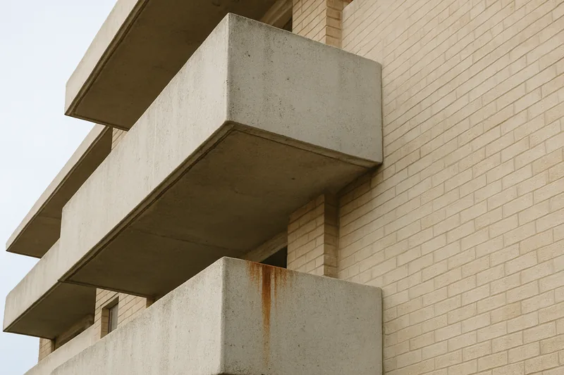 A row of balcony slab edges on a low-rise apartment building, one with a rust stain — concrete cancer in strata schemes, Wollongong. Illustrative example.