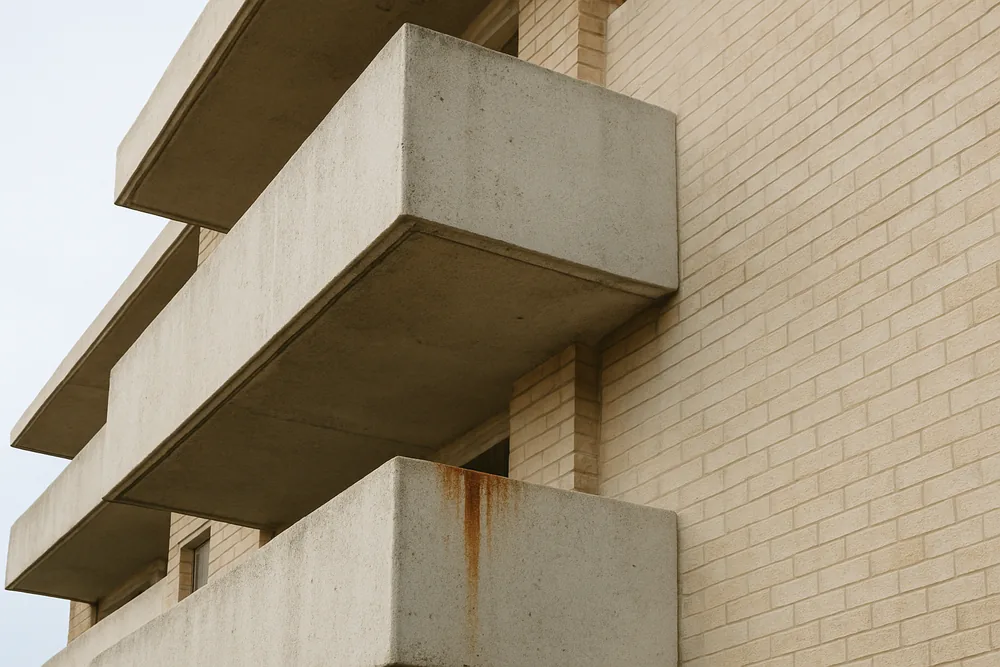 A row of balcony slab edges on a low-rise apartment building, one with a rust stain — concrete cancer in strata schemes, Wollongong. Illustrative example.